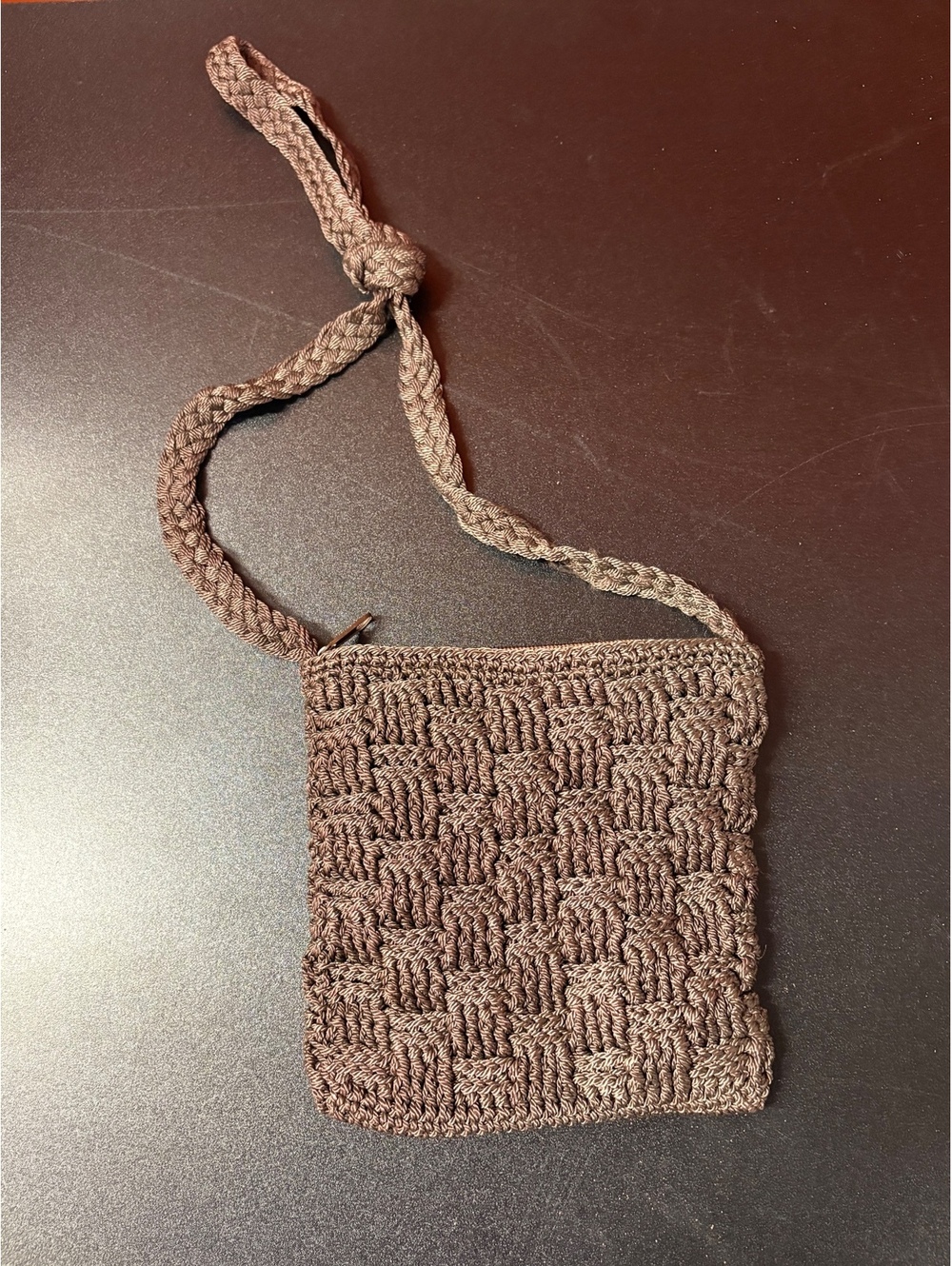 Brown Crochet Crossbody Bag with Zipper Closure